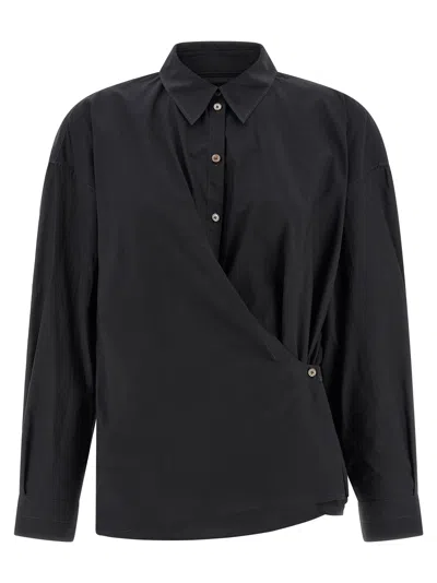 Lemaire Straight Collar Twisted Shirt In Washed Cotton Silk In Black