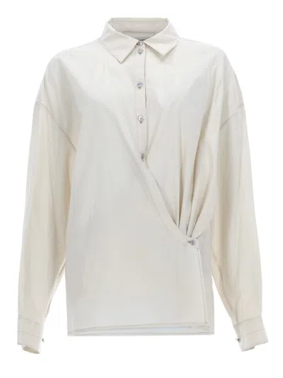 Lemaire Straight Collar Twisted Asymmetrical Front Cotton-blend Shirt In White
