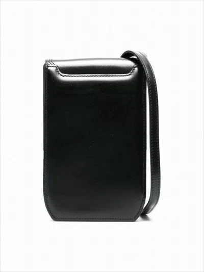 Lemaire Structured Black Leather Shoulder Bag With Flap Closure In White