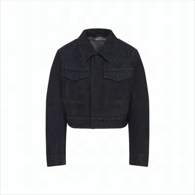 Lemaire Structured Cropped Denim Jacket With Pointed Collar In Blue