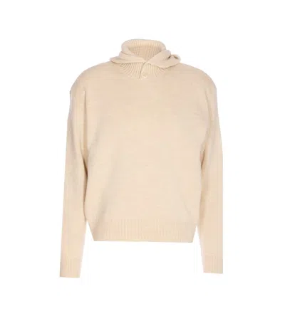 Lemaire Hooded Knitted Sweater Button Detail In Neutral