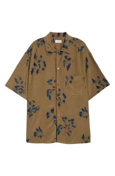 Lemaire The Summer Oversize Floral Print Camp Shirt In Khaki / Ink