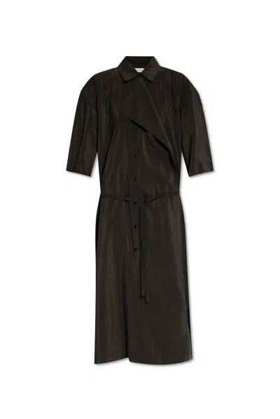 Lemaire Tied Waist Asymmetrical Midi Shirt Dress In Brown
