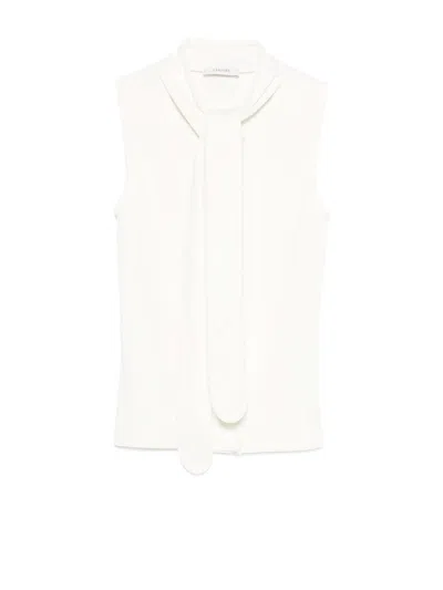 Lemaire Tie-neck Ribbed Stretch-cotton And Linen-blend Jersey Top In White