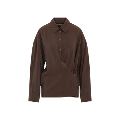 Lemaire Straight Collar Twisted Cotton Shirt In Brown