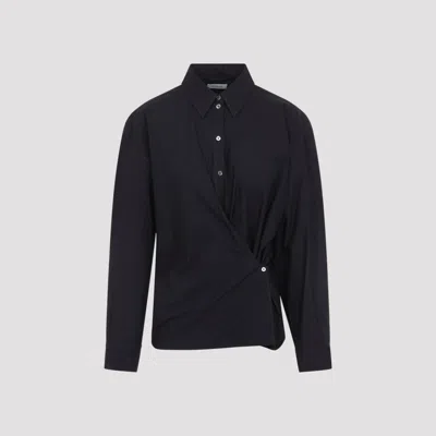 Lemaire Straight Collar Twisted Shirt In Washed Cotton Silk In Black