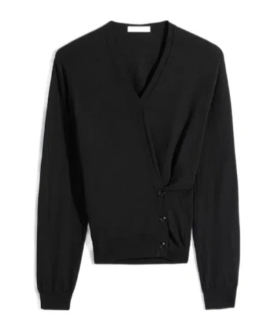 Lemaire Twisted V Neck Jumper In Merino Blend In Black