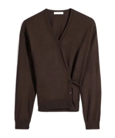 Lemaire Twisted V Neck Jumper In Merino Blend In Brown