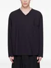 Lemaire Navy V-neck Long Sleeve T-shirt In Blue