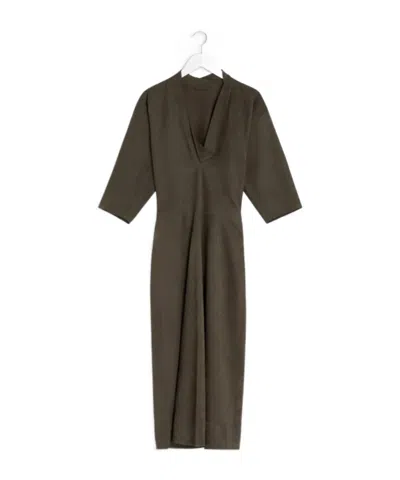 Lemaire V-neck Three-quarter Sleeve Midi Dress In Brown