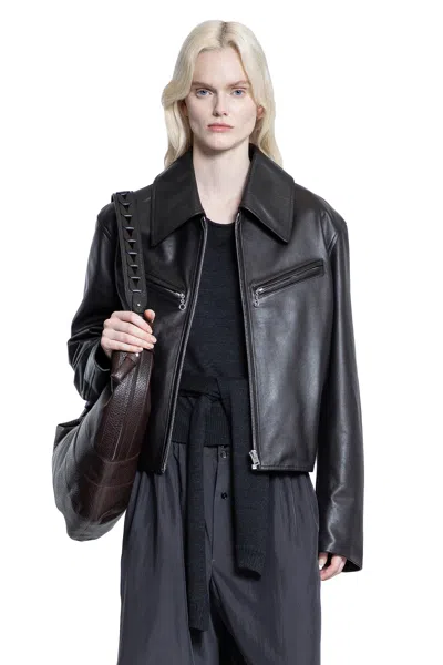 Lemaire Brown Boxy Leather Blouson Jacket In Black