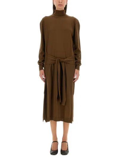 Lemaire Mock-neck Long-sleeve Wrap-sash Midi Dress In Brown