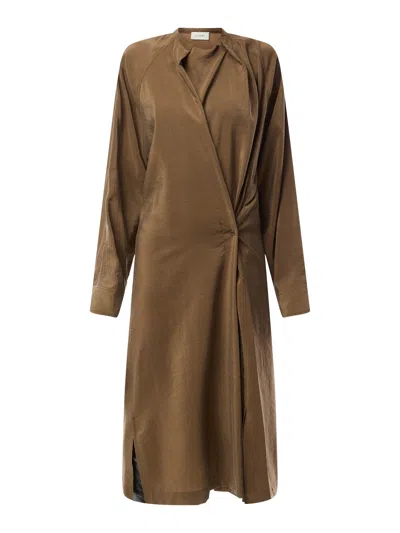 Lemaire Tan Twisted Blouse Dry Silk Midi Dress In Br425 Havana
