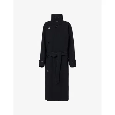 Lemaire Womens Wrap Belted Wool Coat Black In Purple