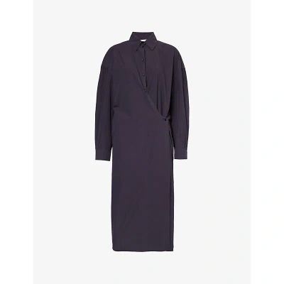 Lemaire Womens Dark Navy Twisted Wrap-over Cotton Midi Dress