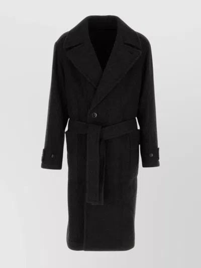 Lemaire Wool And Alpaca Long Coat With Belt In Black