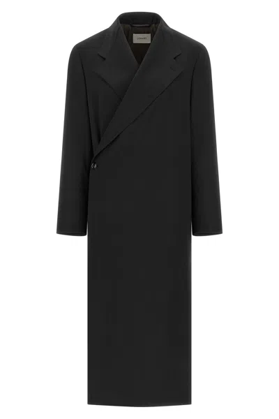 Lemaire Wool Crepe Long Coat Single Breasted Tailored In Black