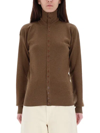 Lemaire Wool High Collar Cardigan In Brown
