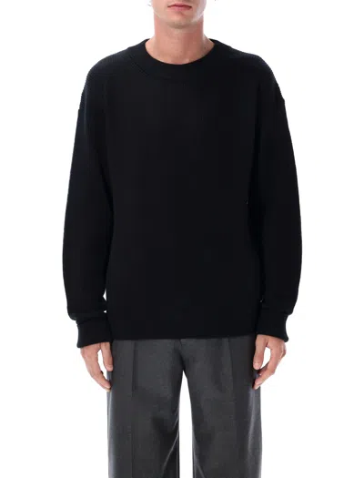 Lemaire Boxy Round Neck Sweater In Ribbed Virgin Wool In Black