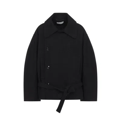 Lemaire Wool-blend Short Wrap Double-breasted Peacoat Jacket In Black