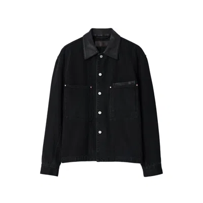 Lemaire Workwear Overshirt With Leather Collar In Black Selvedge Denim