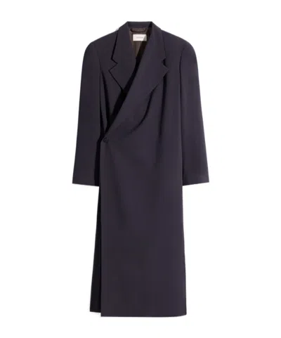 Lemaire Wrap Over Coat In Wool Crepe In Black