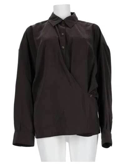Lemaire Wrap-style Classic Collar Brown Silk-blend Shirt In Black