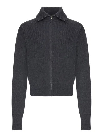 Lemaire Zip-up Wool Cardigan With A Mélange Effect In Blue