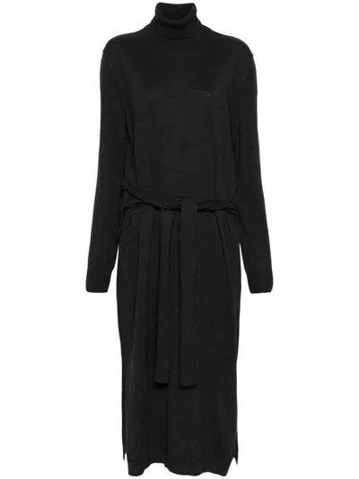 Lemaire Trompe Loeil Turtleneck Belted Midi Dress In Dark Grey