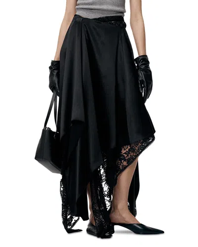 L'emiune Silk Asymmetrical Lace Trim Skirt In Black
