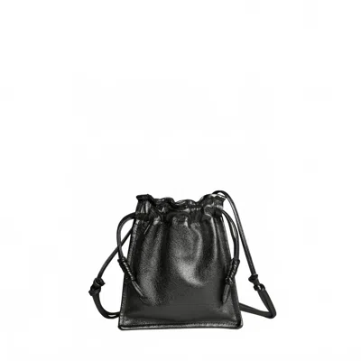 Lemiz Women's Mini Bowie Drawstring Crossbody Leather Bag In Black Metallic