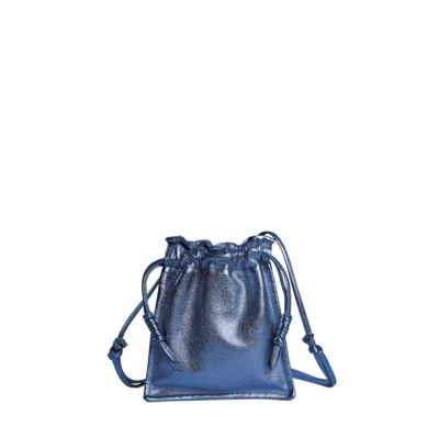 Lemiz Women's Mini Bowie Drawstring Leather Bag In Navy Metallic In Multi