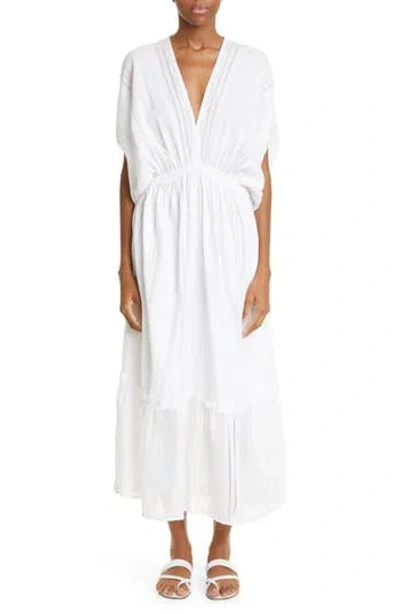 Lemlem Abira Empire Waist Tiered Cotton Blend Cover-up Maxi Dress In White