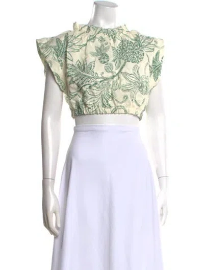 Pre-owned Lemlem Linen Floral Print Crop Top In White