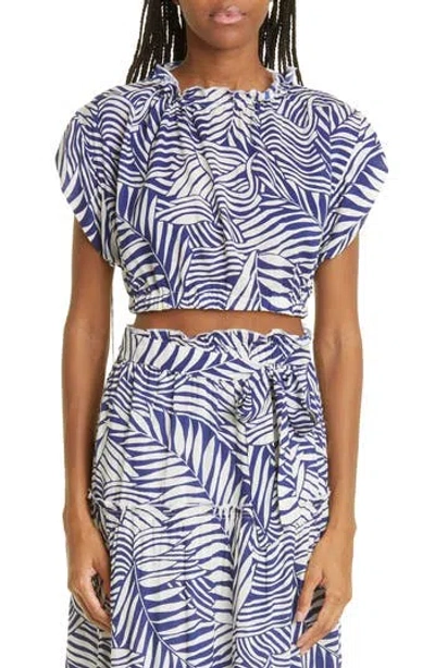 Lemlem Palm Leaf Ruched Cover-up Crop Top In Blue