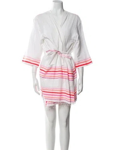 Pre-owned Lemlem Striped Fringe Trim Accent Robe In White