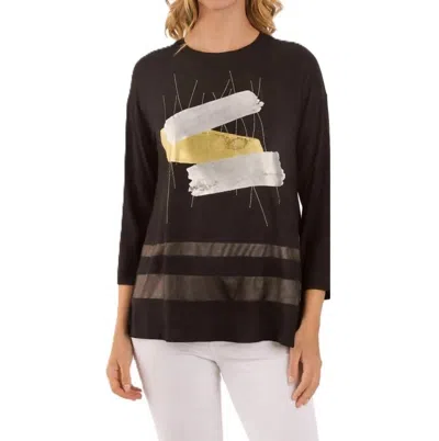 Lemon Grass Abstract Three-quarter Sleeves Top In Brushstroke/ Black