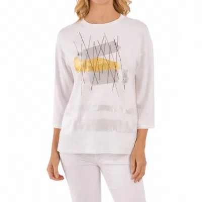 Lemon Grass Abstract Three-quarter Sleeves Top In Brushstroke/ White