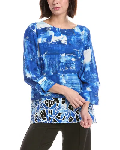 Lemon Grass Printed Eyelet Contrast Blouse In Blue