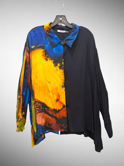 Lemon Grass Women's Long Sleeve Button Up Shirt In Blue Print In Multi