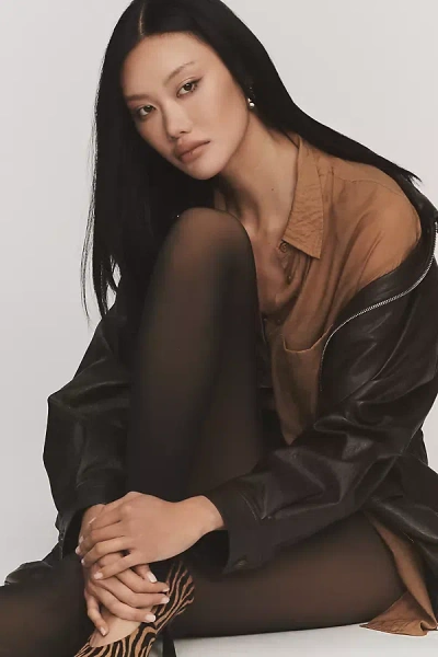 Lemon Sheer Faux Fur Lined Stirrup Tights In Brown