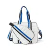 Lemonbella Women's Puffer Pickleball Tote Bag In White With Blue Stripe In Multi