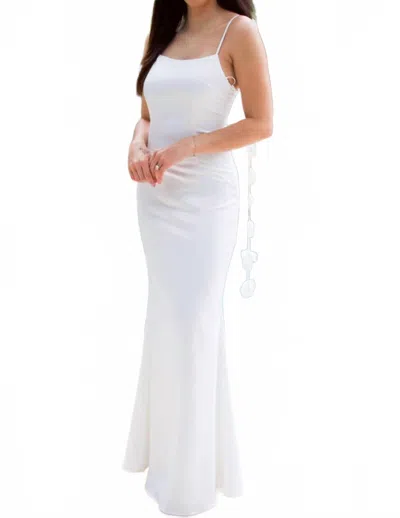 Lena Delaney Cascading Floral Applique Satin Maxi Dress In White