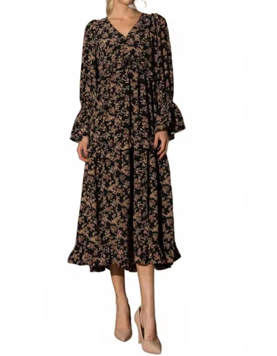 Lena Floral Print Long Sleeve Ruffle Midi Dress In Black In Brown