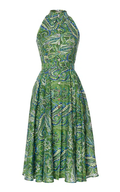 Lena Hoschek Frolicking Cotton Halterneck Pleated A-line Midi Dress In Green