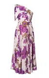 Lena Hoschek Giardino Cotton One-shoulder A-line Midi Dress With Waistbelt In Purple