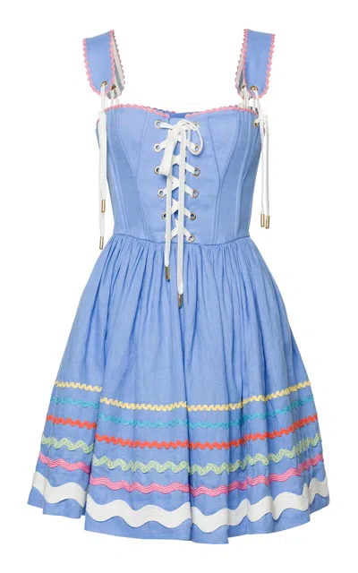 Lena Hoschek Giuseppina Cruise Lace-up Linen Mini Dress In Blue