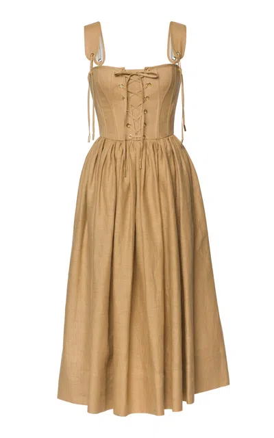 Lena Hoschek Giuseppina Lace-up Linen Midi Dress In Brown
