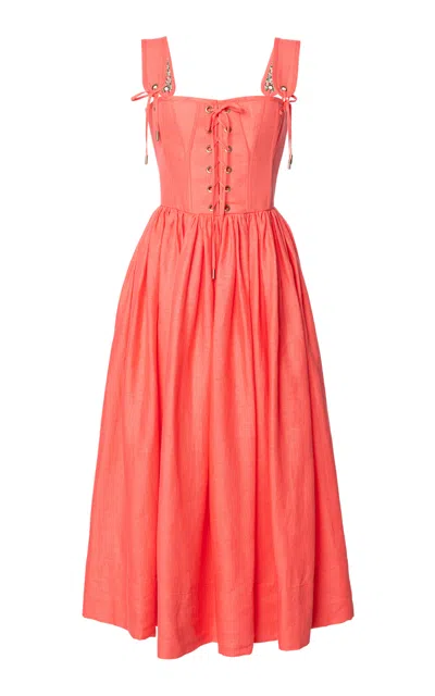 Lena Hoschek Giuseppina Linen Corset Midi Dress In Coral
