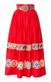 Lena Hoschek Paradise Cotton Embroidered A-line Midi Skirt With Waistbelt In Red